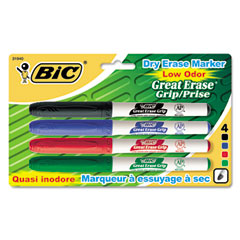 BIC Great Erase Grip Dry Erase Markers, Fine Point, Assorted, 4/Set BICGDEP41ASST