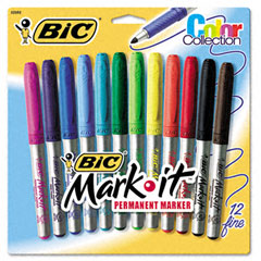 BIC Mark-It Permanent Markers, Fine Point, Assorted, 12/Set BICGPMAP12ASST