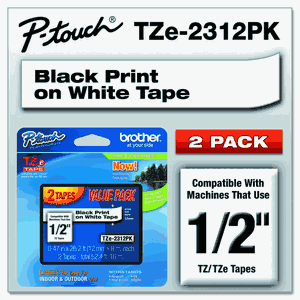 Brother Genuine P-touch, TZE2312PK, 1/2" (0.47") Standard Laminated P-Touch Tape, Black on White, Laminated for Indoor or Outdoor Use, Water Resistant, 26.2 Feet (8M), 2-Pack