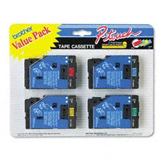 Brother P-Touch TC Tape Cartridges for P-Touch, 1/2w, Black on Red/Blue/Yellow/Green, 4/Pack BRTTC50