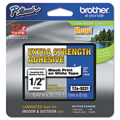 Brother P-Touch TZe Extra-Strength Adhesive Laminated Labeling Tape, 1/2w, Black on White BRTTZES231