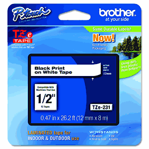 Brother P-touch TZe231, 1/2" (0.47") Black on White Standard Laminated Tape - 26.2 ft. (8m)