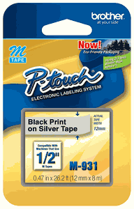 Brother Tape Cartridge 0.5IN Wide, Non-laminated Black on Silver (M931)