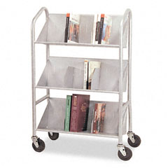Buddy Products Sloped 3-Shelf Book Cart, 26w x 16d x 41-1/2h, Silver BDY54143