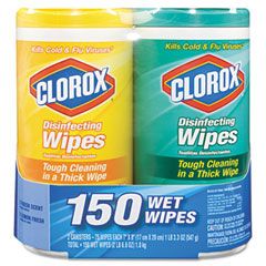 Clorox Disinfecting Wipes, 7 x 8, Lemon and Fresh, 75 Wipes/Canister, 2/Pack COX01599