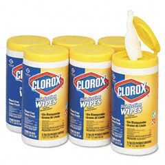 Clorox Lemon Scent Disinfecting Wet Wipes, Cloth, 7 x 8, 75/Canister, 6/Carton COX15948CT