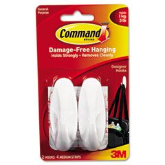 Command Adhesive Hooks, Designer, Holds 3 lbs., White, 2/Pack MMM17081