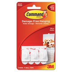 Command Adhesive Micro Utility Hooks, Plastic, White, 3/Pack MMM17066