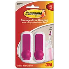 Command Designer Ball Hooks, Plastic, Pink, 2 Hooks with 4 Adhesive Strips per Pack MMM17084P