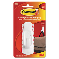 Command Removable Adhesive Utility Hook, 5-lb Capacity, Plastic, White MMM17003
