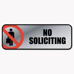 COSCO Brushed Metal Office Sign, No Soliciting, 9 x 3, Silver/Red COS098208