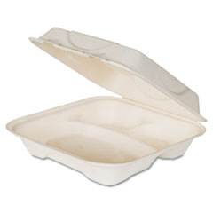 Eco-Products Hot Food Container, Sugarcane Hinged 3-Compartment, 9 x 9 x 3, White, 200/Carton ECOEPHC93