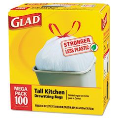 Glad Drawstring Tall Kitchen Bags, 13 gallon, .95mil, 24 x 48, White, 100/Box COX78374