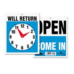 Headline Sign Double-Sided Open/Will Return Sign w/Clock Hands, Plastic, 7-1/2 x 9 USS9382