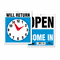 Headline Sign Double-Sided Open/Will Return Sign w/Clock Hands, Plastic, 7-1/2 x 9 USS9382