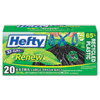 Hefty Renew Recycled Kitchen & Trash Bags, 33 gal.,1.1 mil, 24 x 27 1/4, Black, 20/Box PCTE48729