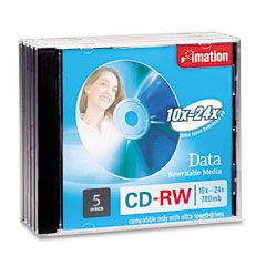 imation CD-RW Discs, 650MB/74min, 24x, w/Jewel Cases, Silver, 5/Pack IMN16884