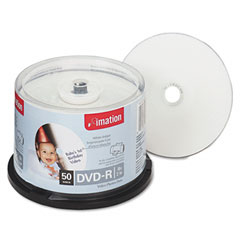 imation Inkjet Printable DVD-R Discs, 4.7GB, 16x, Spindle, White, 50/Pack IMN17350