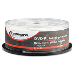 Innovera DVD-R Discs, Hub Printable, 4.7GB, 16x, Spindle, Matte White, 25/Pack IVR46841