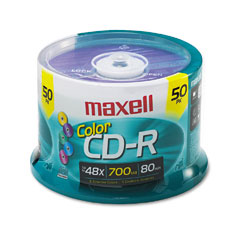 Maxell CD-R Discs, 700MB/80min, 48x, Spindle, Assorted Colors, 50/Pack MAX648251