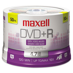 Maxell DVD+R Discs, 4.7GB, 16x, Spindle, Silver, 50/Pack MAX639013