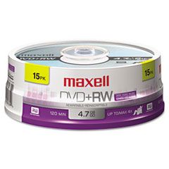 Maxell DVD+RW Discs, 4.7GB, 4x, Spindle, Silver, 15/Pack MAX634046