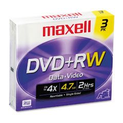 Maxell DVD+RW Discs, 4.7GB, 4x, w/Jewel Cases, Silver, 3/Pack MAX634043