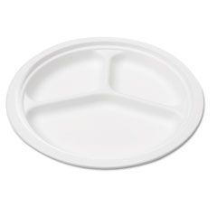 NatureHouse Bagasse 10" Three-Compartment Plate, Round, White, 125/Pack SVAP007