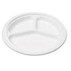NatureHouse Bagasse 10" Three-Compartment Plate, Round, White, 125/Pack SVAP007