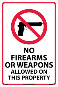 NMC M452P Security Sign, Legend "NO FIREARMS OR WEAPONS ALLOWED ON THIS PROPERTY", 12" Length x 18" Height, Pressure Sensitive Vinyl, Red/Black on White