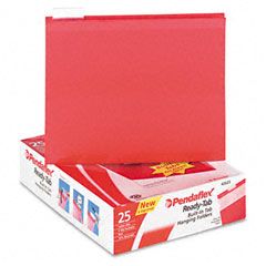 Pendaflex Ready-Tab Reinforced Hanging File Folders, 1/5 Tab, Letter, Red, 25/Box ESS42623