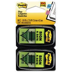 Post-it Flags Arrow Message 1" Flags, "Sign and Date", Green, 2 50-Flag Dispensers/Pack MMM680SD2