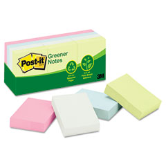 Post-it Greener Notes Recycled Notes, 1-1/2 x 2, Four Pastel Colors, 12 100-Sheet Pads/Pack MMM653RPA