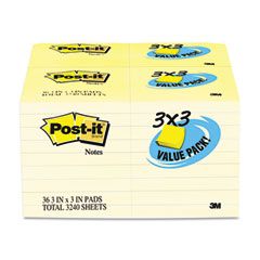 Post-it Note Pad, 3 x 3, Canary, 100 Sheets, 36/Pack MMM65436VAD90
