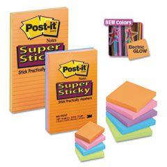 Post-it Notes Super Sticky Super Sticky Notes, 3 x 3, Five Electric Glow Colors, 12 90-Sheet Pads/Pack MMM65412SSAN