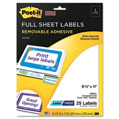 Post-it Super Sticky Removable ID Labels, 8-1/2w x 11,h White, 25 Labels/Pack MMM2500L