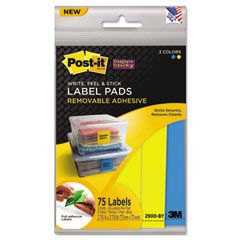 Post-it Super Sticky Removable Label Pads, 3w x 3h, Blue/Yellow, 75 Labels/Pack MMM2900BY