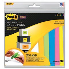 Post-it Super Sticky Removable Label Pads, Asst Sizes/Colors, 21 Pads/PK, 525 Labels/PK MMM2900M21