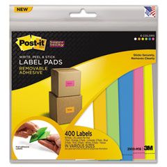 Post-it Super Sticky Removable Label Pads, Asst Sizes/Colors, 25 Lbls/Pad, 400 Labels/PK MMM2900M16