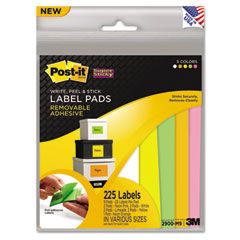 Post-it Super Sticky Removable Label Pads, Asst Sizes/Colors, 6 Pads/Pack, 225/Pack MMM2900M9