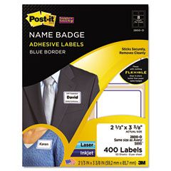 Post-it Super Sticky Removable Name Badge Labels, 2-1/3 x 3-3/8, Blue Border, 400/Pack MMM2800O