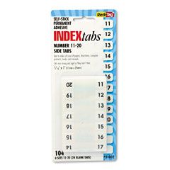 Redi-Tag Side-Mount Self-Stick Plastic Index Tabs Nos 11-20, 1in, White, 104/Pack RTG31002
