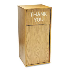 Safco Push Door Waste Receptacle w/Flat Top, Square, Wood, 36 gal, Medium Oak SAF9728MO