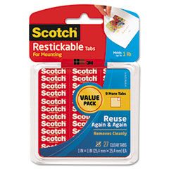 Scotch Restickable Mounting Tabs, 1 x 1, Clear, 27/Pack MMMR100VPC