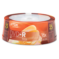 TDK DVD-R Discs, 4.7GB, 16x, Spindle, Silver, 25/Pack TDK48517