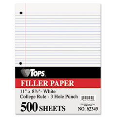 TOPS Mediumweight 16-lb. Filler Ppr, 11 x 8-1/2, College Rule, Bright WE, 500 Shts/Pk TOP62349