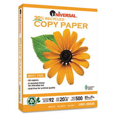 Universal 30% Recycled Copy Paper, 92 Brightness, 20lb, 8-1/2 x 11, White, 5000/Carton UNV20030