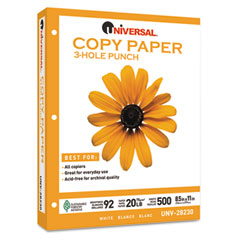 Universal Copy Paper, 92 Brightness, 20lb, 8-1/2 x 11, 3-Hole Punch, White, 5000 Shts/Ctn UNV28230