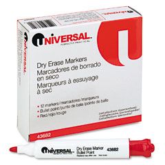 Universal Dry Erase Marker, Bullet Tip, Red, Dozen UNV43682