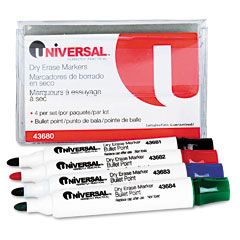 Universal Dry Erase Markers, Bullet Tip, Assorted, 4/Set UNV43680